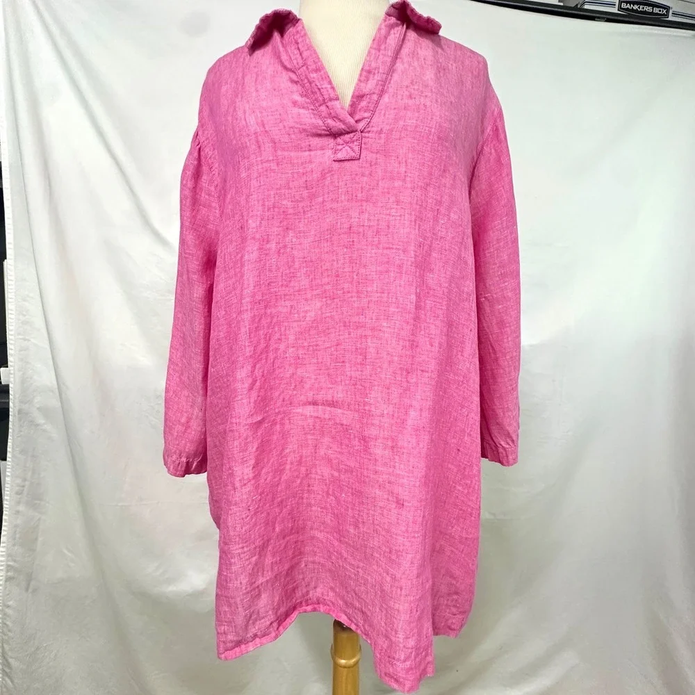 TAHARI Pink 100% Linen Tunic Top Collared Popover Side Buttons 2x Plus Lagenlook - Picture 1 of 8